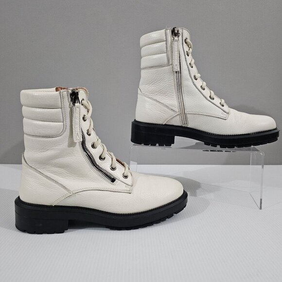 Aquatalia Laila Combat Boot Women 6 Ivory Leather Water Resistant Ankle Lug Sole - Picture 3 of 15